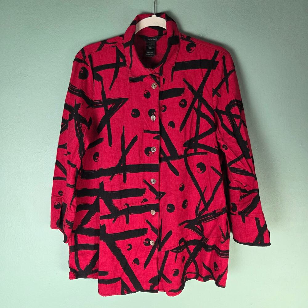 Ali Miles Womens Large Red Black Abstract Printed Woven Button Front Tunic Top